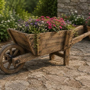 Könnte beinhalten: Eine rustikale Holzschubkarre mit bunten Blumen gefüllt. Der Pflanzkübel besteht aus verwittertem Holz und hat ein einzelnes Rad. Die Blumen sind eine Mischung aus Rosa, Lila und Weiß und bilden eine lebendige Darstellung. Die Schubkarre steht auf einem Steinfußboden.