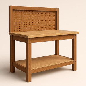 May include: A wooden workbench with a pegboard back. The workbench has a lower shelf and is constructed from light-coloured wood. The pegboard back is perforated with evenly spaced holes.