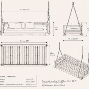 May include: Detailed diagram of a wooden swing bed, showcasing dimensions. The bed is 75 inches long, 35.4 inches wide, and 23.6 inches high. It includes pillows and rope suspension. Weight capacity is 550 lbs.
