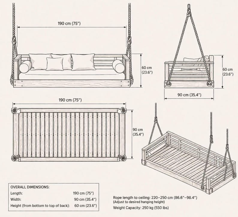 May include: Detailed diagram of a wooden swing bed, showcasing dimensions. The bed is 75 inches long, 35.4 inches wide, and 23.6 inches high. It includes pillows and rope suspension. Weight capacity is 550 lbs.