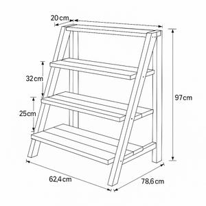 May include: A wooden, three-tiered plant stand with an A-frame design. The stand is 38.2 inches tall, 24.6 inches wide, and 30.9 inches deep. Each shelf is 7.9 inches deep. The distance between the shelves is 9.8 and 12.6 inches.