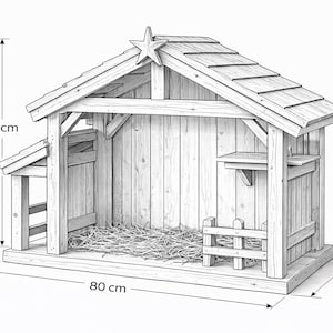 May include: A wooden nativity scene, sketched in black and white, featuring a stable with a star on the roof. The structure is 35 inches high, 31 inches wide, and 20 inches deep. Includes a small fence and hay inside.
