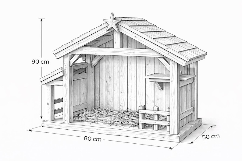 May include: A wooden nativity scene, sketched in black and white, featuring a stable with a star on the roof. The structure is 35 inches high, 31 inches wide, and 20 inches deep. Includes a small fence and hay inside.