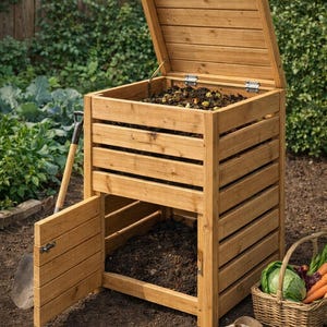 May include: A wooden compost bin with an open lid and door, filled with soil and organic matter. A shovel leans against the bin, and a basket of vegetables sits nearby. The bin is made of light-colored wood and is outdoors.