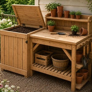 May include: A wooden potting bench featuring a side storage bin with a hinged lid filled with soil, a flat work surface, a top shelf, and a lower slatted shelf. The bench includes terracotta pots, a small hand trowel, and hanging garden tools.