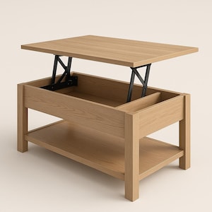 May include: A light brown lift-top coffee table with a lower shelf. The tabletop is raised, revealing storage space. The table has a rectangular shape and is made of wood. The lift mechanism is black.