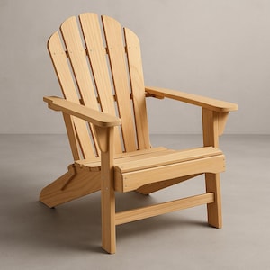 Op de afbeelding: Een lichtgekleurde houten Adirondack stoel met een waaiervormige rugleuning en brede armleuningen. De stoel is geconstrueerd met verticale lamellen en horizontale steunen, ontworpen voor zitplaatsen buiten. De stoel is ongeveer 91 cm breed.