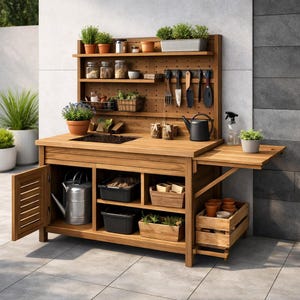 Może przedstawiać: Drewniany stół do przesadzania z tablicą perforowaną, półkami i rozkładanym stolikiem bocznym. Posiada wbudowany zlew, miejsce do przechowywania narzędzi oraz miejsce na rośliny i akcesoria. Stół jest wypełniony narzędziami ogrodniczymi, donicami i roślinami.