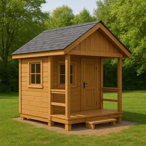 May include: A small, wooden playhouse with a dark gray shingled roof. The structure features a front porch, a door, and two windows. The playhouse is constructed from light-colored wood and sits on a green lawn.