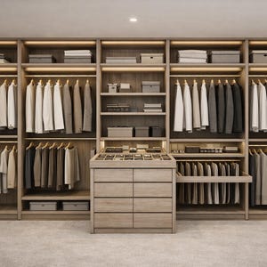 May include: A bespoke walk-in wardrobe with various compartments for clothes storage. It includes hanging rails with shirts, jackets, and trousers, plus shelves and drawers. The colour scheme is neutral, with light wood and grey tones.