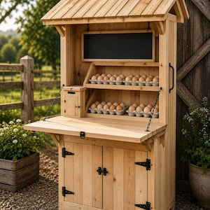 May include: A wooden egg stand with a small roof, a chalkboard, and shelves filled with egg cartons. The stand has a hinged countertop and a small storage compartment. The wood is light-coloured with black hardware.