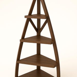 May include: A dark brown, wooden corner shelf unit with four triangular shelves. The shelves are supported by a frame that tapers to a point at the top. The unit is designed to fit into a corner.