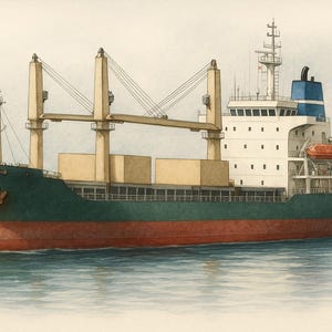 Może przedstawiać: Akwarelowa ilustracja statku towarowego na wodzie. Statek ma zielony kadłub, czerwone dno i beżową nadbudówkę. Posiada dźwigi, mostek i niebiesko-biały komin. Statek jest środkiem transportu.