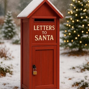 Puede incluir: Un buzón de madera rojo con las palabras "LETTERS TO SANTA" en letras doradas. El buzón tiene un tejado inclinado cubierto de nieve y una pequeña puerta con cerradura. La escena está ambientada al aire libre en un entorno nevado con un árbol de Navidad al fondo.