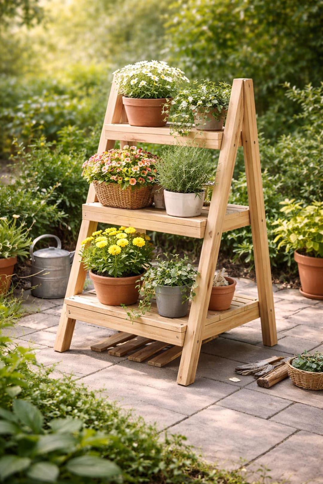 Flower Ladder Wooden Plant Ladder Plans | Tiered Garden Stand Build Guide (PDF ...