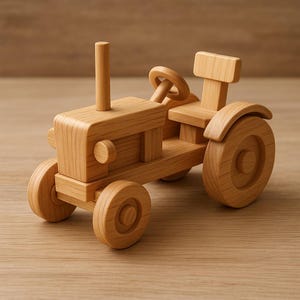Puede incluir: Un tractor de juguete de madera con un acabado natural de vetas. El juguete presenta un volante, un asiento y ruedas grandes. El tractor está hecho de madera maciza y tiene un diseño clásico, perfecto para el juego imaginativo.