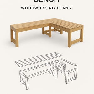 May include: A modular garden bench made of light-colored wood, with an L-shaped design. The image includes woodworking plans and dimensions of 1200 x 450 x 450 mm. The text reads "Modular Garden Bench" and "Woodworking Plans."