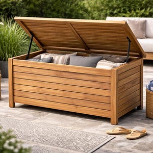 Puede incluir: Un cofre de almacenamiento de madera para exteriores con la tapa abierta, que revela almohadas en el interior. El cofre está hecho de madera de color marrón claro y está sobre un patio. Una cesta de mimbre con una toalla enrollada y sandalias están cerca.