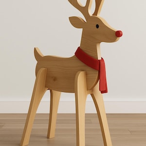 May include: Wooden reindeer decoration with a red nose and scarf. The reindeer has large antlers and is standing on four legs. The wooden reindeer is a festive holiday decoration. The reindeer is made of light-colored wood.