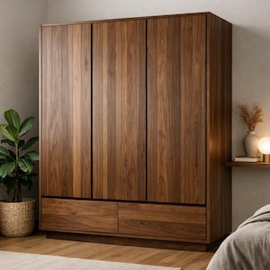 May include: A large, three-door wooden wardrobe with two drawers at the bottom. The wardrobe is made of dark brown wood with a vertical grain pattern. The wardrobe is in a bedroom setting with a plant and rug.