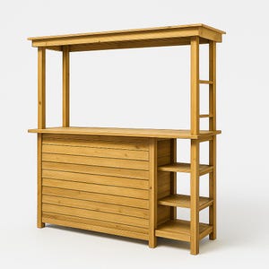 May include: A wooden outdoor bar with a slatted front, a countertop, and a canopy. It features three shelves on one side and is constructed from light-coloured wood. The bar is designed for outdoor entertaining.