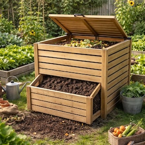 May include: A wooden compost bin with an open lid, revealing compost materials. The bin has a pull-out drawer filled with soil. The scene is set in a garden with vegetables and sunflowers.
