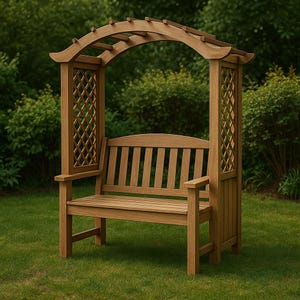 Könnte beinhalten: Eine Gartenbank aus Holz mit einem gewölbten Spalier. Die Bank hat eine Sitzfläche und eine Rückenlehne mit Lamellen sowie Armlehnen. Das Spalier hat ein Gittermuster an den Seiten und eine gewölbte Oberseite. Die Bank ist aus hellbraunem Holz.