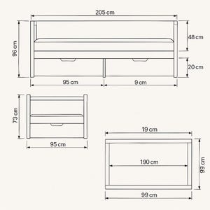 May include: Diagram of a wooden bed frame with dimensions in centimetres. The bed frame is 205 cm long and 96 cm high, with two drawers. A matching nightstand is also shown, along with a storage box.