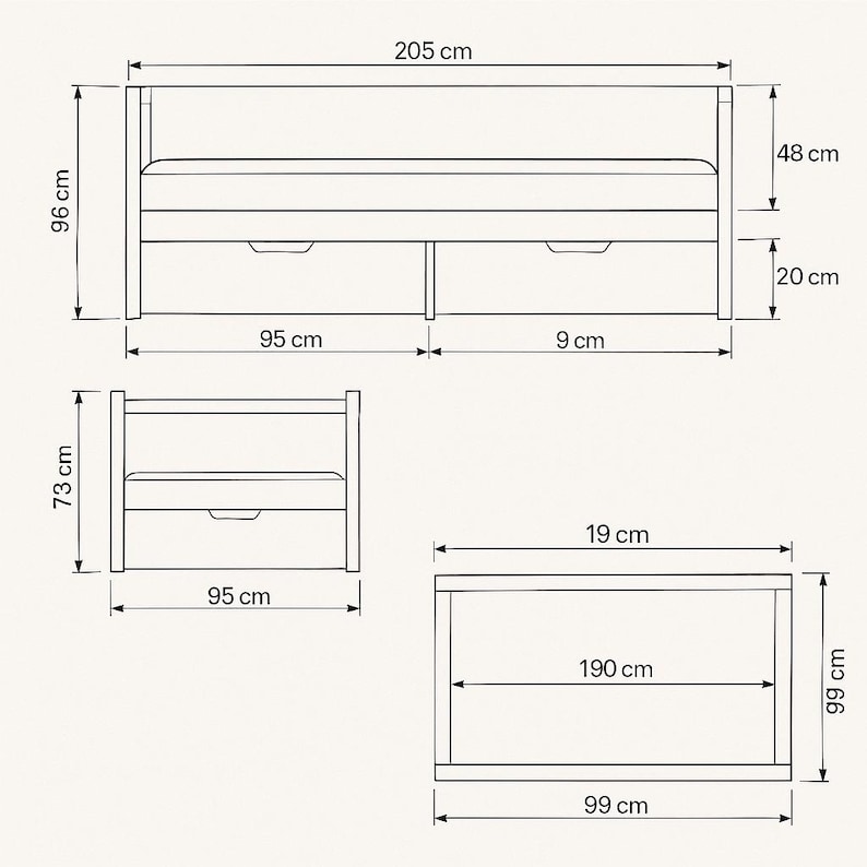 May include: Diagram of a wooden bed frame with dimensions in centimetres. The bed frame is 205 cm long and 96 cm high, with two drawers. A matching nightstand is also shown, along with a storage box.