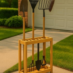 Könnte beinhalten: Ein hölzerner Gartenwerkzeug-Organizer mit einer Schaufel, einem Rechen, einer Mistgabel und einer Bürste. Die Werkzeuge haben Holzgriffe und schwarze Metallköpfe. Der Organizer ist aus hellem Holz gefertigt und steht auf einer Betonoberfläche.