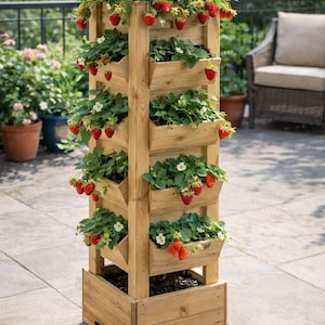 Puede incluir: Una jardinera vertical de madera para fresas con múltiples niveles, llena de plantas verdes, flores blancas y fresas rojas maduras. La jardinera está al aire libre en un patio, con una silla y otras plantas en el fondo.