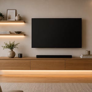 Pode incluir: Uma sala de estar moderna com uma grande televisão preta montada numa parede bege. Abaixo, um armário flutuante de madeira clara com três gavetas e uma barra de som. Duas prateleiras flutuantes com decoração e plantas.