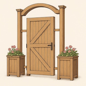 May include: A wooden garden gate with an arched top, either side of which are two matching planters filled with pink flowers. The gate has a diagonal brace and a dark handle, creating a welcoming entrance.