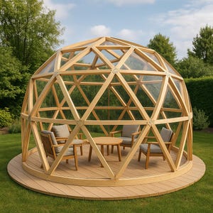 May include: A wooden geodesic dome structure with clear panels, set on a circular wooden deck. Inside, there's a small round table and four chairs with gray cushions. The dome is surrounded by green grass and trees.
