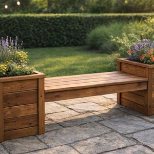 Plany ławki ogrodowej z bokami na doniczkę – projekt stolarski DIY z drewna ogrodowego w formacie PDF