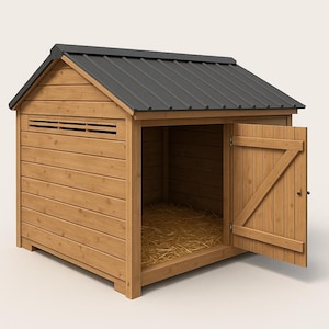 May include: A wooden animal shelter with a dark gray metal roof. The shelter has an open doorway with a wooden door that is ajar. The interior is filled with hay. The shelter has horizontal wooden siding.