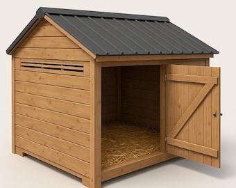 Peut inclure: Un abri pour animaux en bois avec un toit en métal gris foncé. L'abri a une porte ouverte avec une porte en bois entrouverte. L'intérieur est rempli de foin. L'abri a un bardage en bois horizontal.