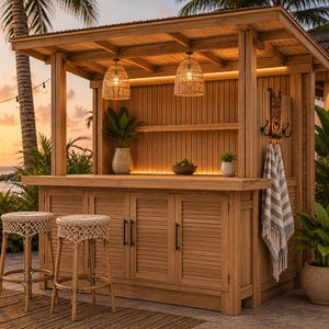 Könnte beinhalten: Eine hölzerne Outdoor-Bar mit Strohdach, zwei gewebten Pendelleuchten und zwei gewebten Barhockern. Die Bar hat eine Theke, Regale und Schranktüren. Ein gestreiftes Handtuch hängt an der Seite. Pflanzen und das Meer sind im Hintergrund.