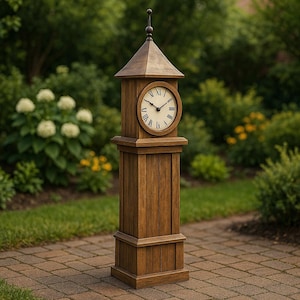 Può includere: Un orologio da esterno alto in legno marrone con un tetto color rame e un quadrante rotondo con numeri romani. L'orologio è posto su un sentiero di mattoni, circondato dal verde.