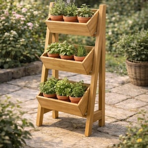 May include: A wooden, three-tiered plant stand with terracotta pots filled with herbs. The stand is made of light-colored wood and is designed for outdoor use. The plants include lavender, basil, and other herbs.