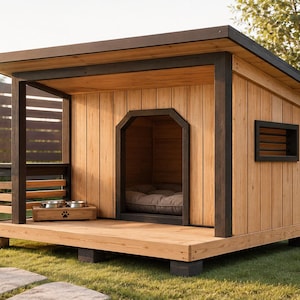 May include: A wooden dog house with a light brown exterior and dark brown trim. The house has a covered porch area with a small bench and a dog bowl holder. The interior features a bed. The dog house is set on a green lawn.