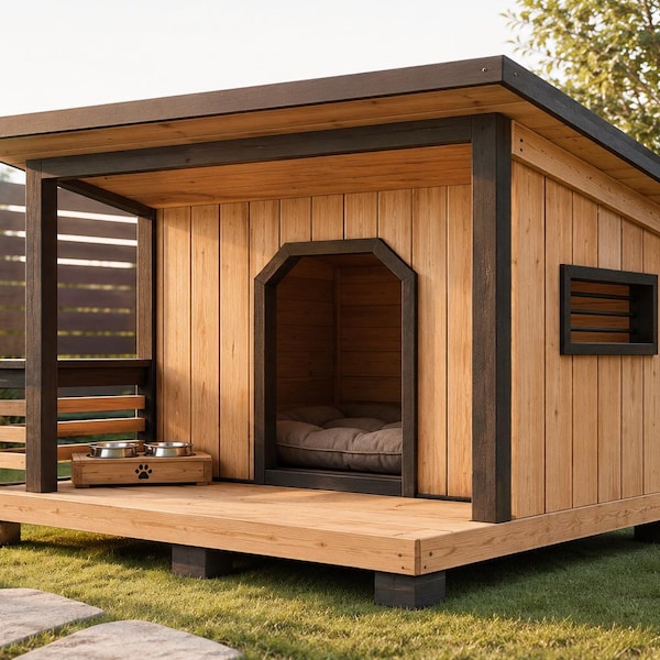 Modern Outdoor Dog House Plans PDF | DIY Wooden Pet Shelter Blueprint | Backyard Kennel Project