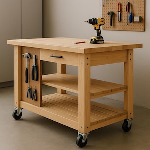May include: A light oak workbench with a pegboard for tools. The workbench has a drawer, two shelves, and wheels. A yellow and black drill and a pencil are on the top. Tools hang on the pegboard, including a hammer and pliers.