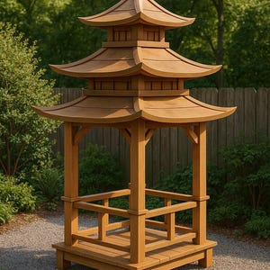 Puede incluir: Una estructura de jardín de madera estilo pagoda con múltiples tejados escalonados y un remate decorativo. La estructura es de madera marrón claro y presenta un diseño al aire libre con una base cuadrada. Se encuentra sobre un camino de grava rodeado de vegetación.