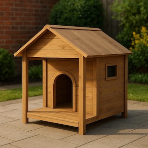 May include: A wooden dog house with a gabled roof, an arched doorway, and a small square window. The dog house is made from light brown wood and is placed on a stone patio. The design is simple and classic, suitable for outdoor use.