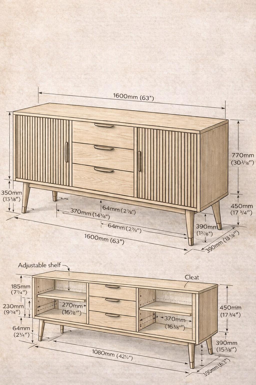 Fluted Sideboard Plans PDF | Modern Wooden Buffet Cabinet DIY | Slatted ...