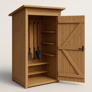 Op de afbeelding: Een houten tuinhuisje met een open deur, met planken en hangend tuingereedschap. Het tuinhuisje is gemaakt van lichtbruin hout, met een schuin dak en een Z-vormige beugel op de deur. Gereedschappen zijn onder meer een hooivork, een schoffel en een schop.