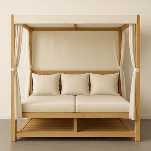 May include: A wooden canopy daybed with a cream-colored canopy and curtains. The daybed has a light beige cushion and three matching pillows. The frame is made of light-colored wood, and the curtains are tied back with fabric.