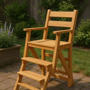 Könnte beinhalten: Ein Holz-Lifeguard-Stuhl mit einer Trittleiter für einfachen Zugang. Der Stuhl hat eine Sitzfläche und Rückenlehne aus Latten sowie Armlehnen. Der Stuhl ist aus hellem Holz gefertigt und steht auf einer Ziegelterrasse mit Grün im Hintergrund.