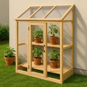 Pode incluir: Uma estufa de madeira com um telhado transparente e inclinado e painéis de vidro. No interior, existem prateleiras com plantas em vasos. A estrutura é feita de madeira clara e assenta numa superfície relvada.